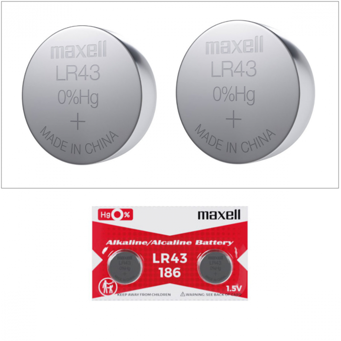 Set 2 baterii alcaline Maxell LR43 / AG12 (186), 1.5V, diametru 11.6mm, grosime 4.2mm, medium drain, in blister [3]