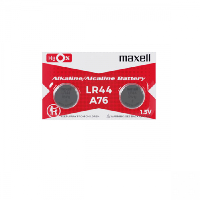 Set 2 baterii alcaline Maxell LR44 / AG13 (A76), 1.5V, diametru 11.6mm, grosime 5.4mm, low drain, in blister [1]