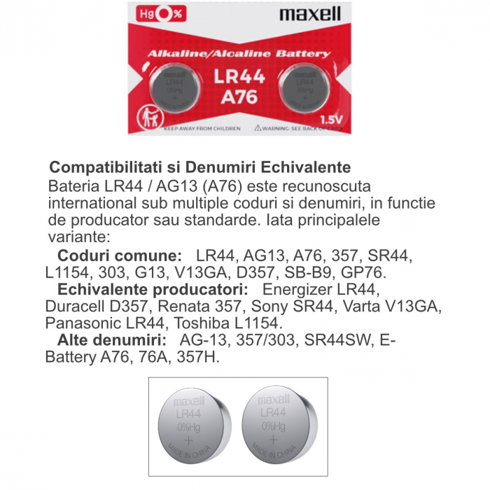 Set 2 baterii alcaline Maxell LR44 / AG13 (A76), 1.5V, diametru 11.6mm, grosime 5.4mm, low drain, in blister [4]