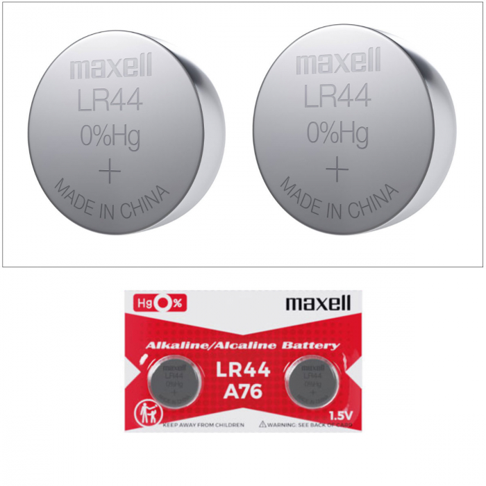 Set 2 baterii alcaline Maxell LR44 / AG13 (A76), 1.5V, diametru 11.6mm, grosime 5.4mm, low drain, in blister [3]