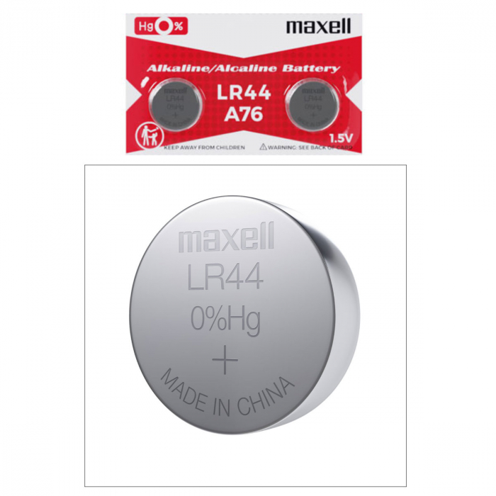Set 2 baterii alcaline Maxell LR44 / AG13 (A76), 1.5V, diametru 11.6mm, grosime 5.4mm, low drain, in blister [5]