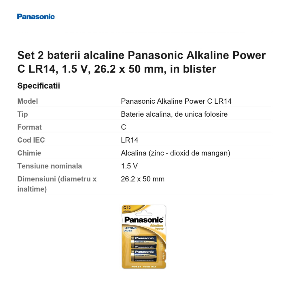 Set 2 baterii alcaline Panasonic Alkaline Power C LR14, 1.5 V, 26.2 x 50 mm, in blister [3]