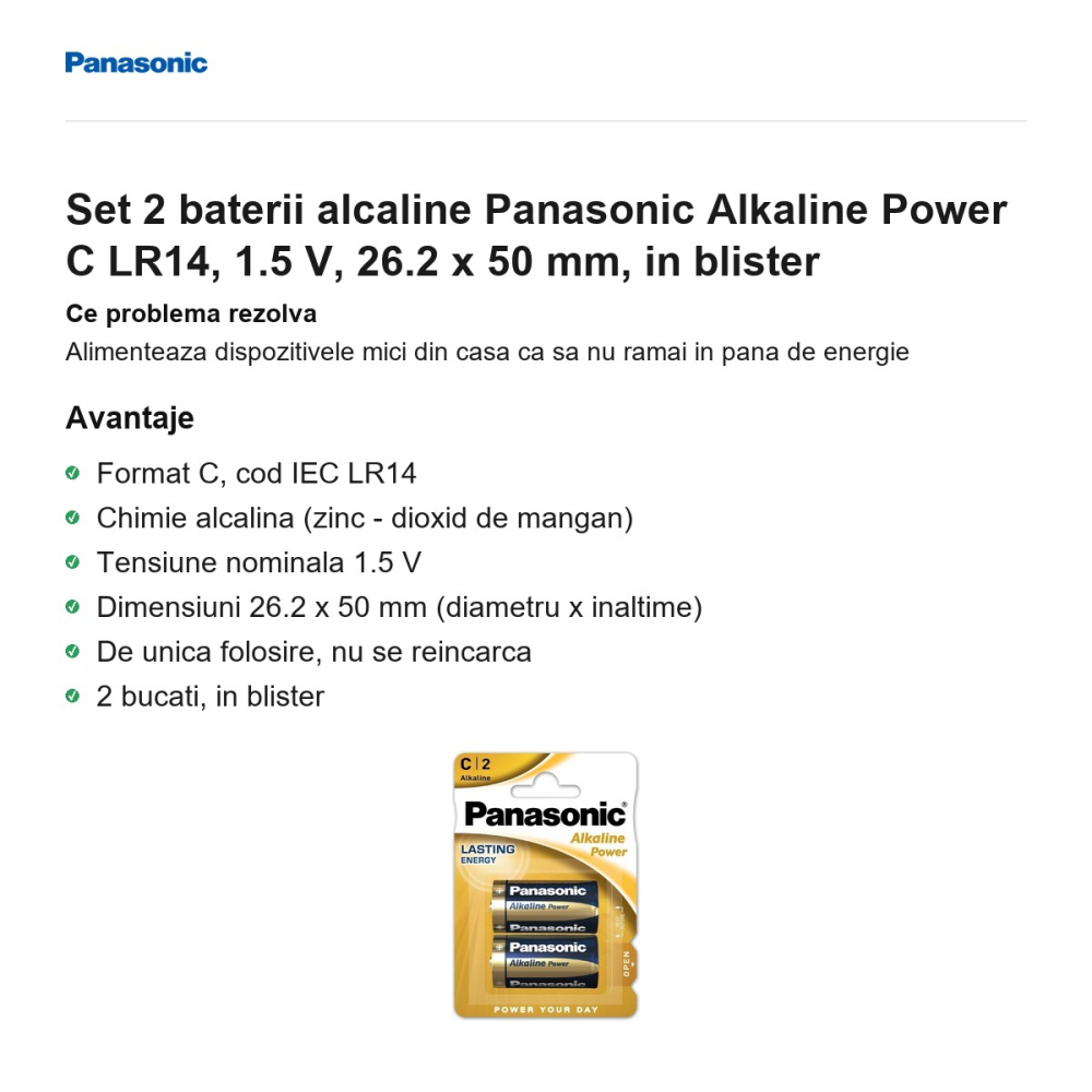 Set 2 baterii alcaline Panasonic Alkaline Power C LR14, 1.5 V, 26.2 x 50 mm, in blister [2]