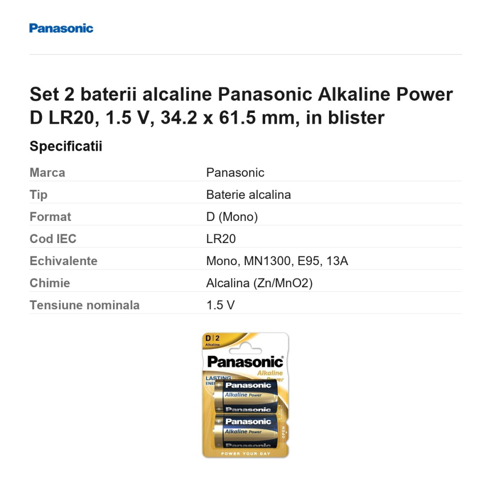 Set 2 baterii alcaline Panasonic Alkaline Power D LR20, 1.5 V, 34.2 x 61.5 mm, in blister [3]