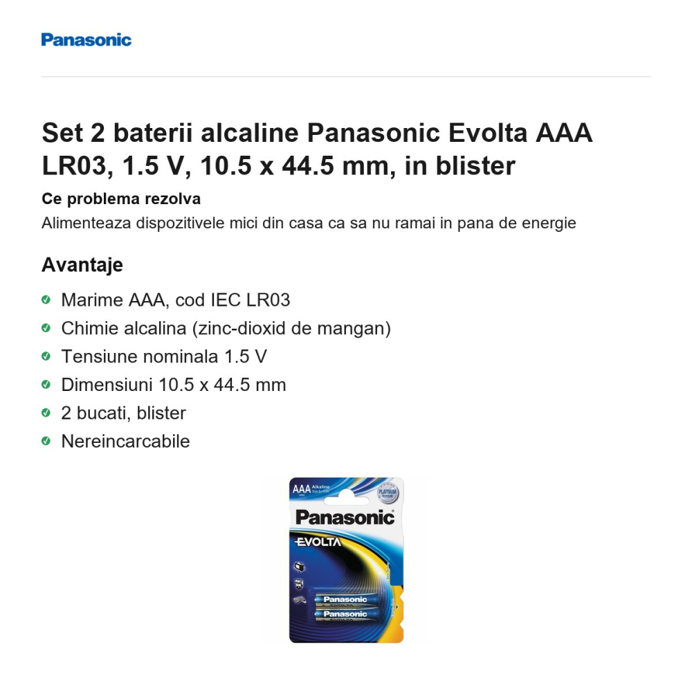 Set 2 baterii alcaline Panasonic Evolta AAA LR03, 1.5 V, 10.5 x 44.5 mm, in blister [2]