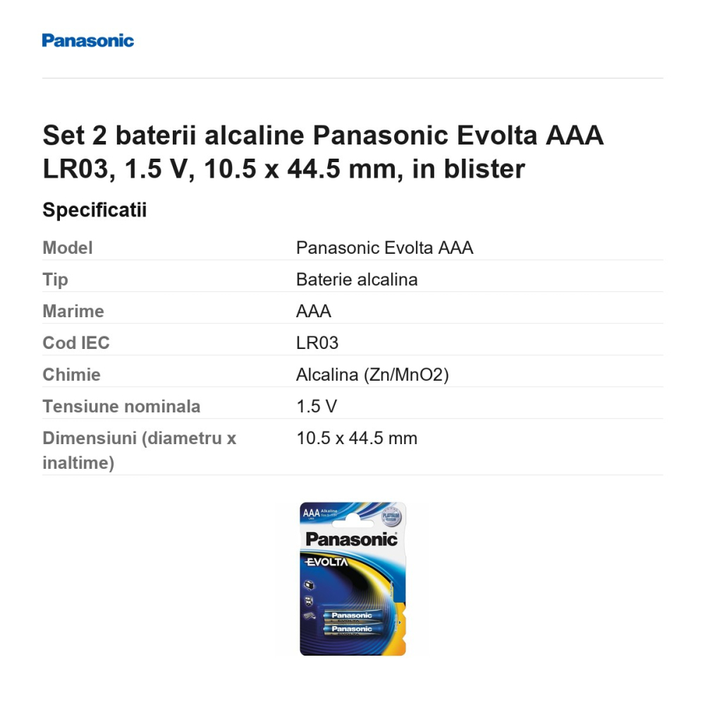 Set 2 baterii alcaline Panasonic Evolta AAA LR03, 1.5 V, 10.5 x 44.5 mm, in blister [3]