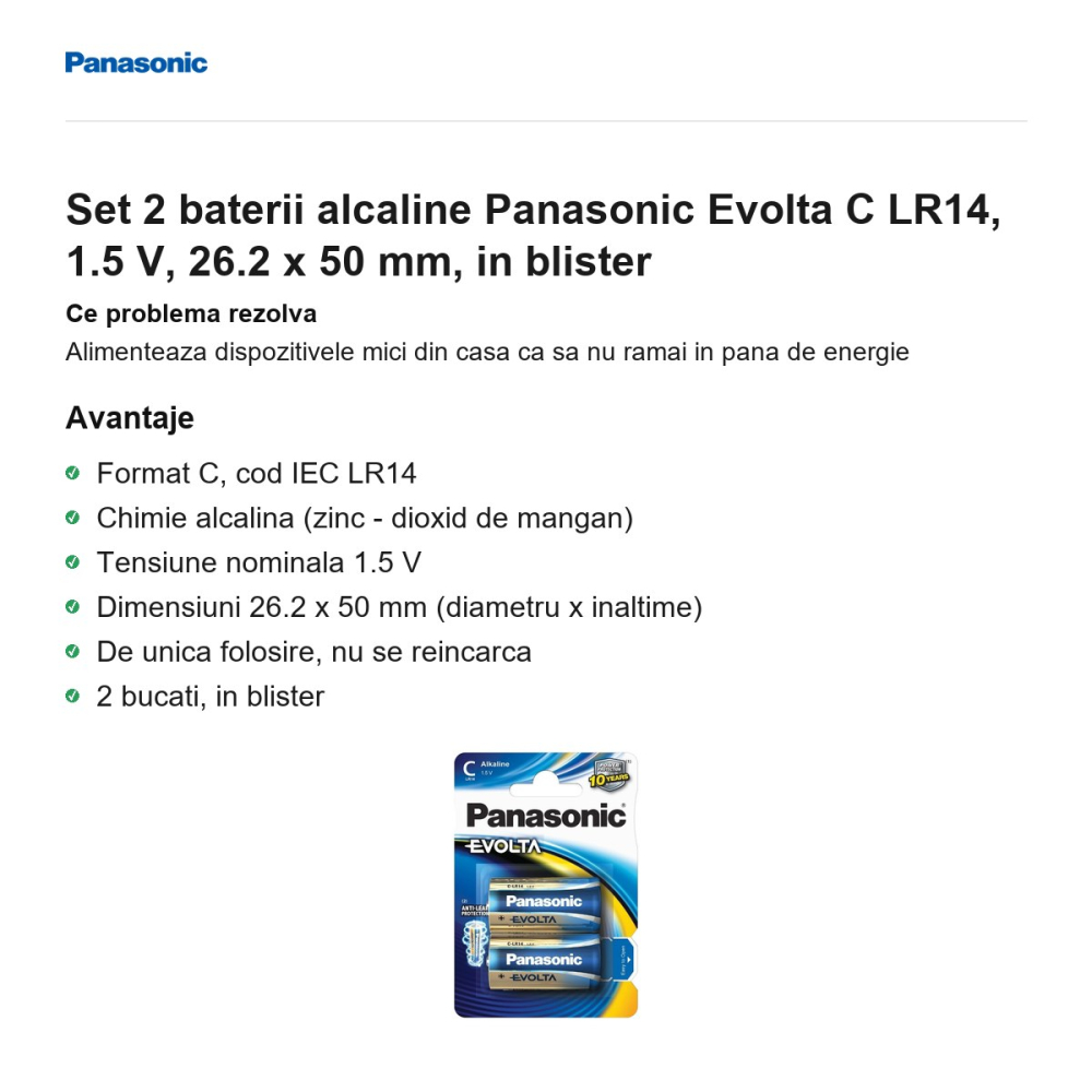 Set 2 baterii alcaline Panasonic Evolta C LR14, 1.5 V, 26.2 x 50 mm, in blister [2]
