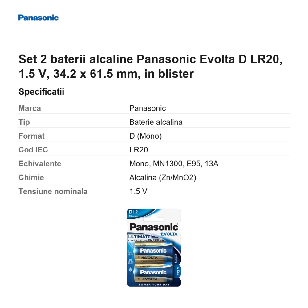 Set 2 baterii alcaline Panasonic Evolta D LR20, 1.5 V, 34.2 x 61.5 mm, in blister [3]