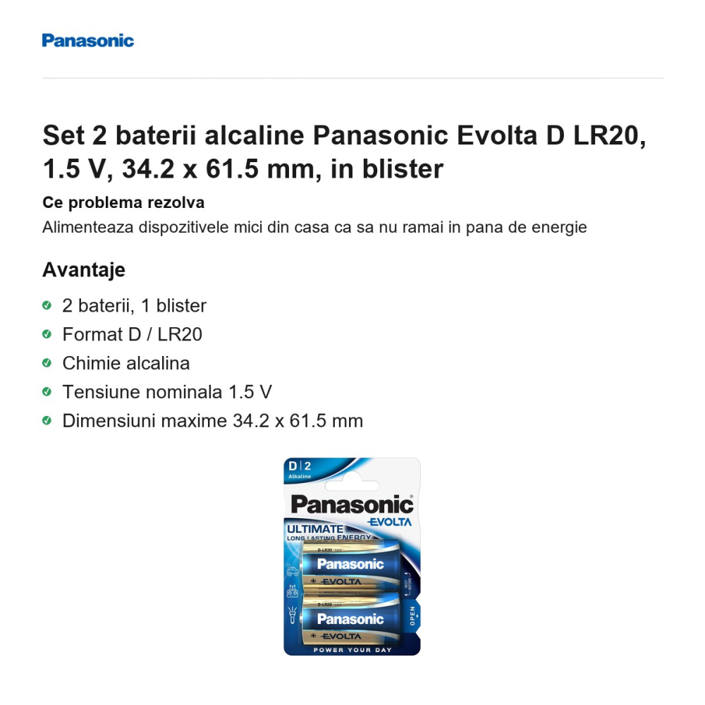Set 2 baterii alcaline Panasonic Evolta D LR20, 1.5 V, 34.2 x 61.5 mm, in blister [2]