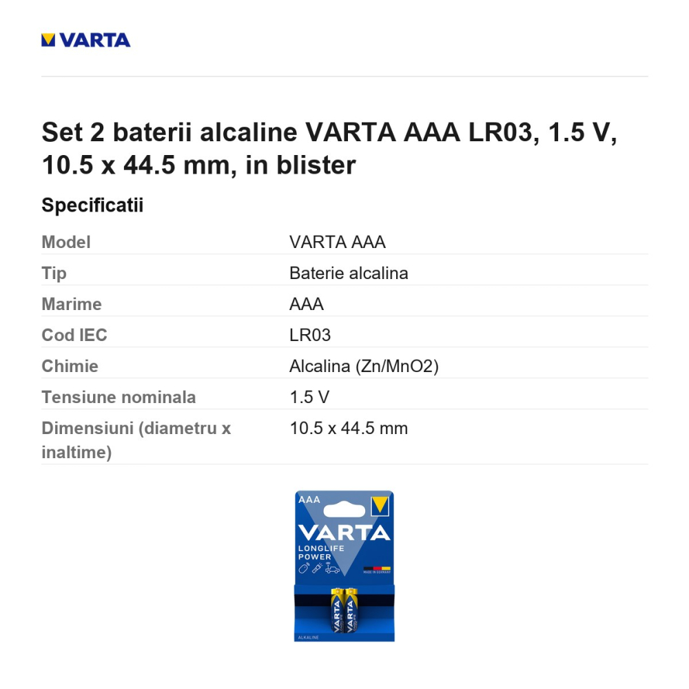 Set 2 baterii alcaline VARTA AAA LR03, 1.5 V, 10.5 x 44.5 mm, in blister [3]