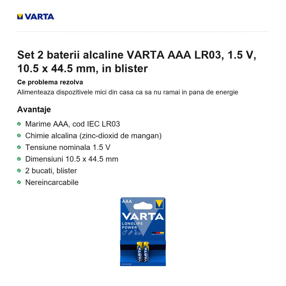 Set 2 baterii alcaline VARTA AAA LR03, 1.5 V, 10.5 x 44.5 mm, in blister [2]