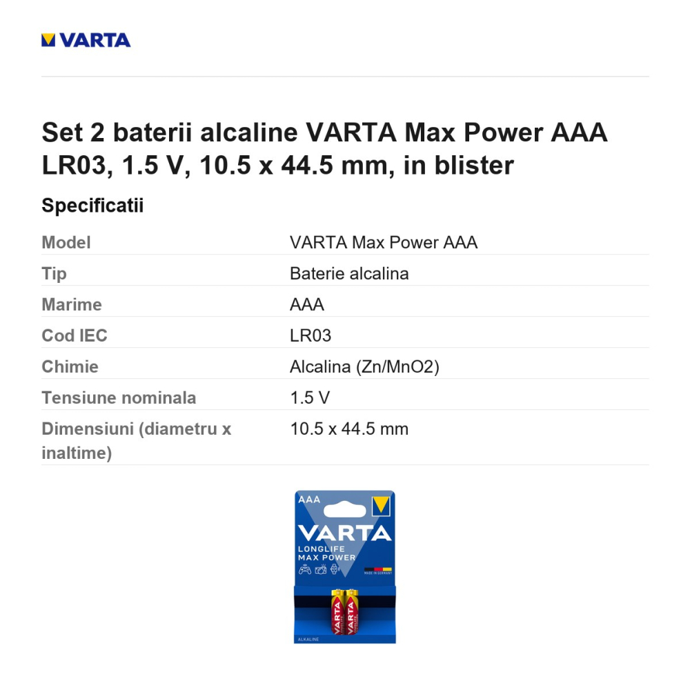 Set 2 baterii alcaline VARTA Max Power AAA LR03, 1.5 V, 10.5 x 44.5 mm, in blister [3]