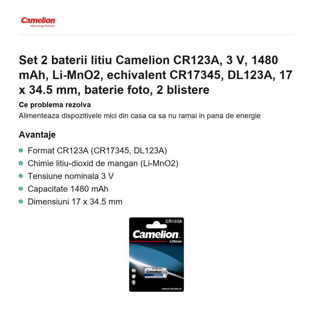 Set 2 baterii litiu Camelion CR123A, 3 V, 1480 mAh, Li-MnO2, echivalent CR17345, DL123A, 17 x 34.5 mm, baterie foto, 2 blistere [2]