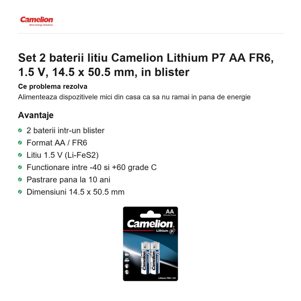 Set 2 baterii litiu Camelion Lithium P7 AA FR6, 1.5 V, 14.5 x 50.5 mm, in blister [2]