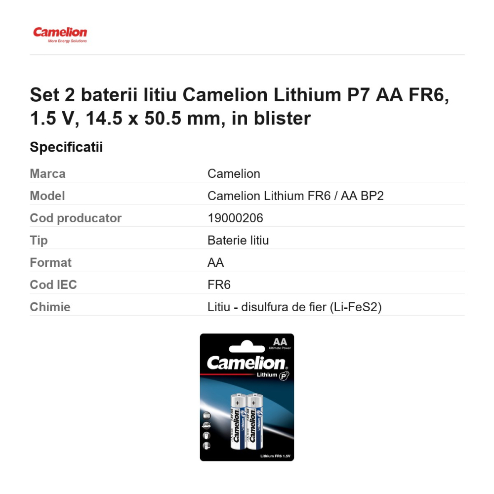 Set 2 baterii litiu Camelion Lithium P7 AA FR6, 1.5 V, 14.5 x 50.5 mm, in blister [3]