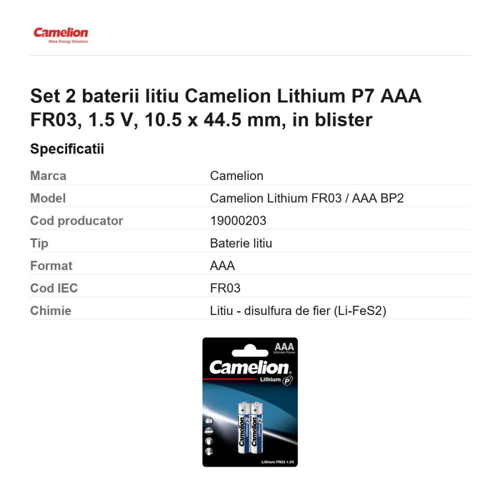 Set 2 baterii litiu Camelion Lithium P7 AAA FR03, 1.5 V, 10.5 x 44.5 mm, in blister [3]