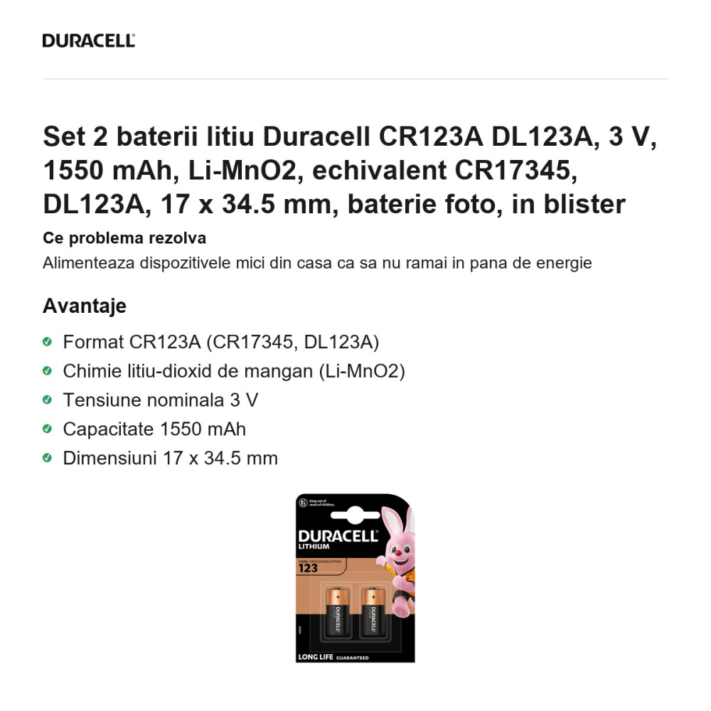 Set 2 baterii litiu Duracell CR123A DL123A, 3 V, 1550 mAh, Li-MnO2, echivalent CR17345, DL123A, 17 x 34.5 mm, baterie foto, in blister [2]
