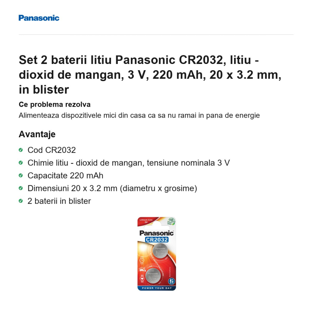 Set 2 baterii litiu Panasonic CR2032, litiu - dioxid de mangan, 3 V, 220 mAh, 20 x 3.2 mm, in blister [2]