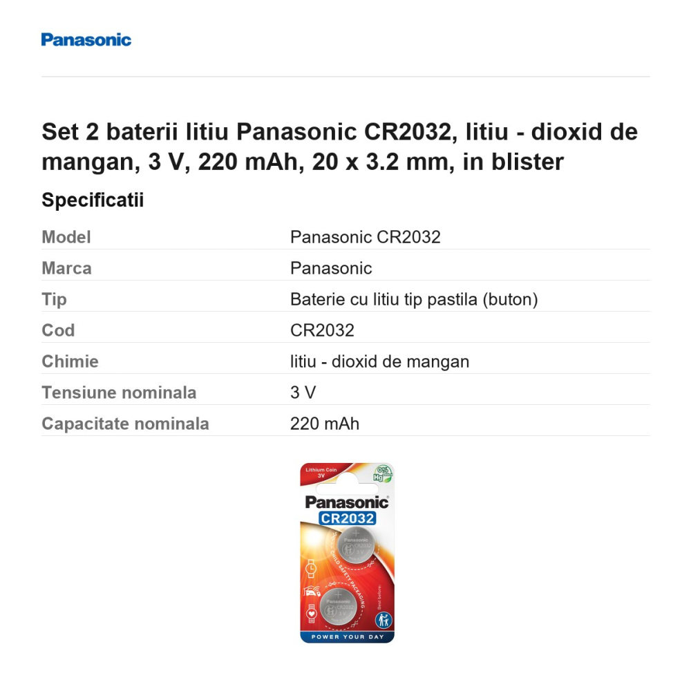 Set 2 baterii litiu Panasonic CR2032, litiu - dioxid de mangan, 3 V, 220 mAh, 20 x 3.2 mm, in blister [3]