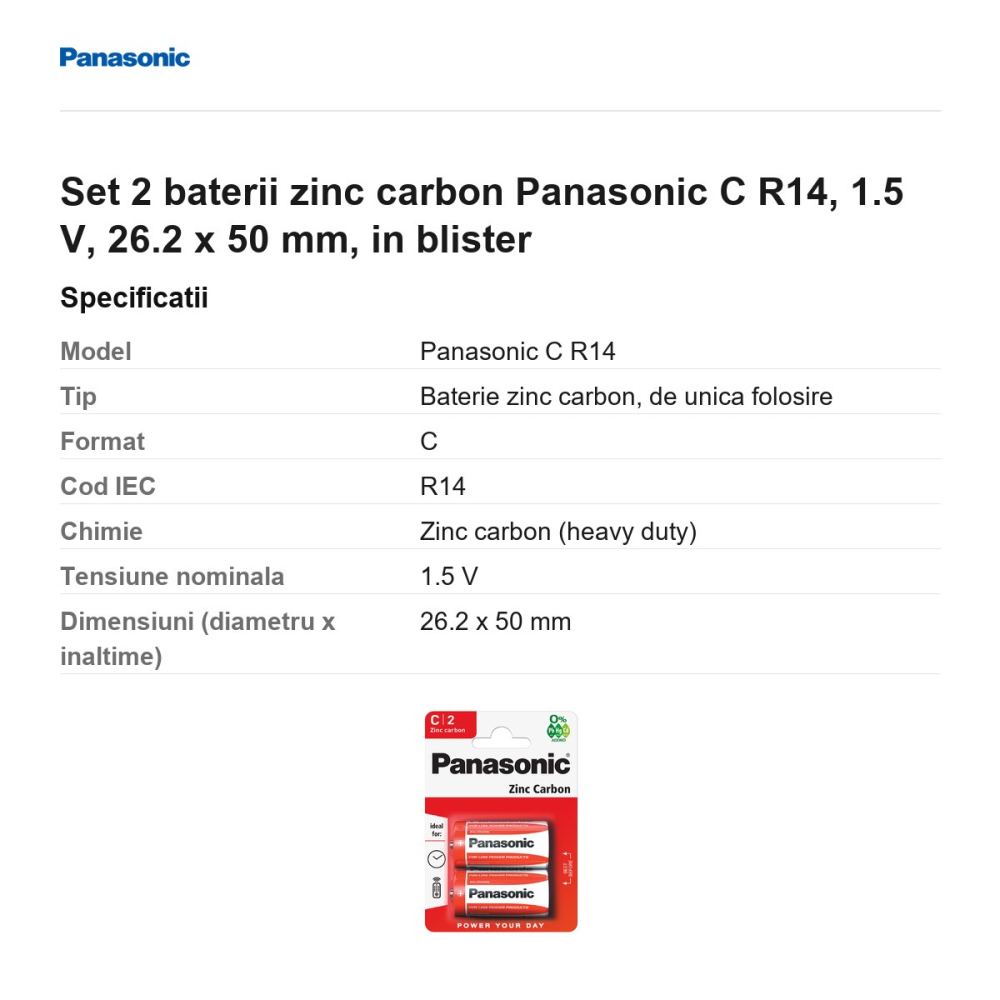 Set 2 baterii zinc carbon Panasonic C R14, 1.5 V, 26.2 x 50 mm, in blister [3]