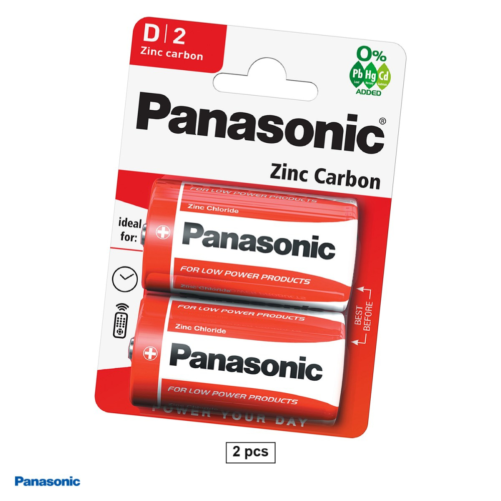 Set 2 baterii zinc carbon Panasonic D R20, 1.5 V, 34.2 x 61.5 mm, in blister [1]