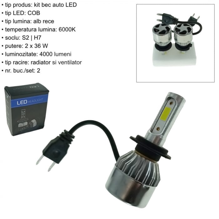 Set 2 becuri auto LED, BA-S2-6000-2, S2, H7, 6000K, 36W, COB [7]