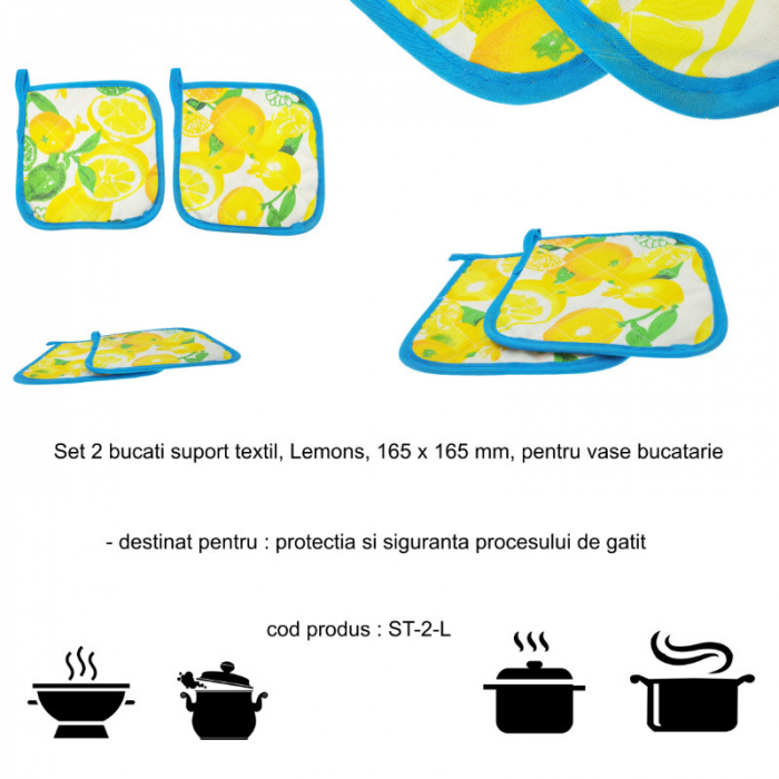 Set 2 bucati suport textil, Lemons, 165 x 165 mm, pentru vase bucatarie [6]