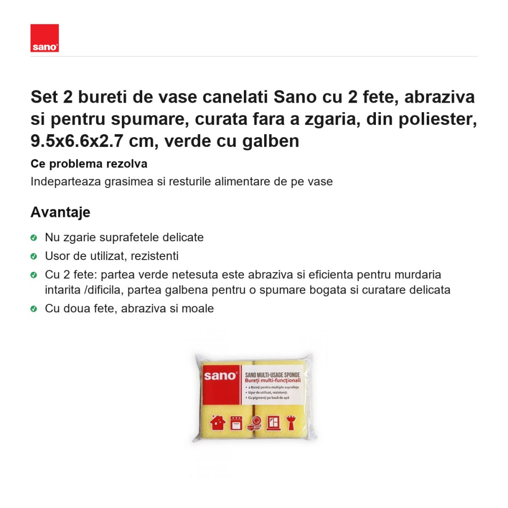 Set 2 bureti de vase canelati Sano cu 2 fete, abraziva si pentru spumare, curata fara a zgaria, din poliester, 9.5x6.6x2.7 cm, verde cu galben [2]