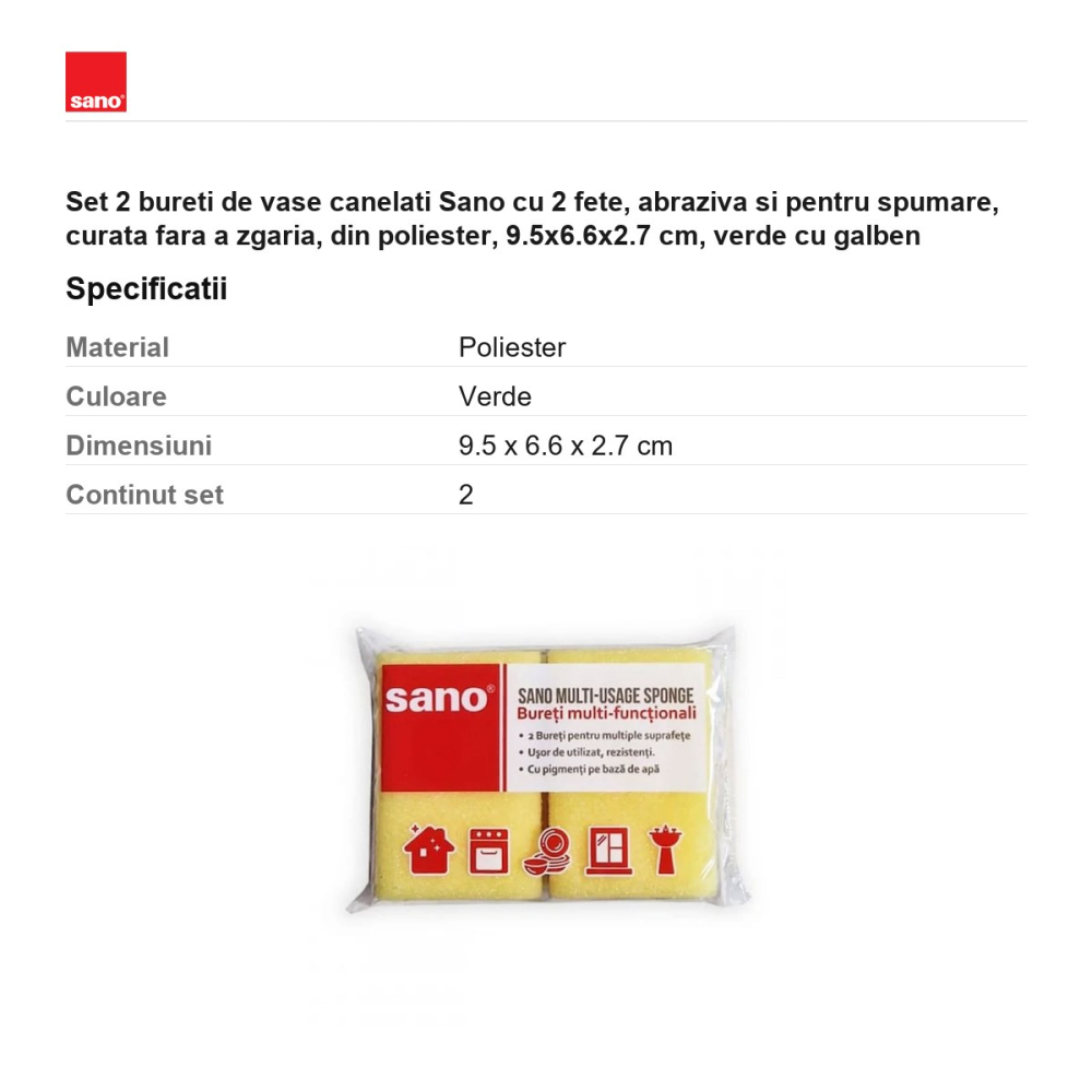Set 2 bureti de vase canelati Sano cu 2 fete, abraziva si pentru spumare, curata fara a zgaria, din poliester, 9.5x6.6x2.7 cm, verde cu galben [3]