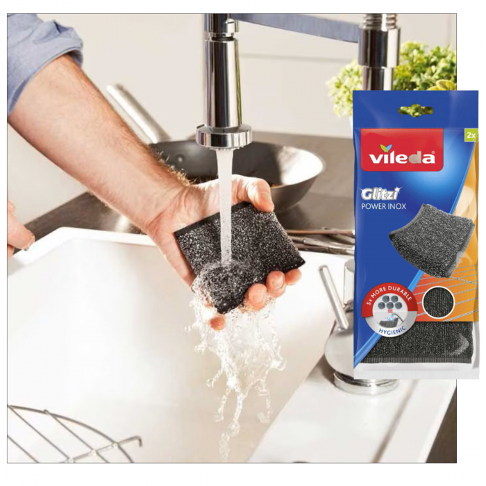 Set 2 bureti din otel inoxidabil Vileda Glitzi Power Inox 17203, 110 x 95 x 18 mm [4]