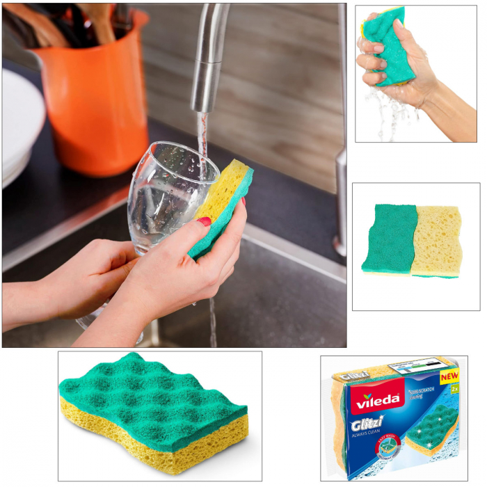 Set 2 bureti Vileda Glitzi Always Clean, cu suprafata abraziva si absorbanta, galben cu verde [4]
