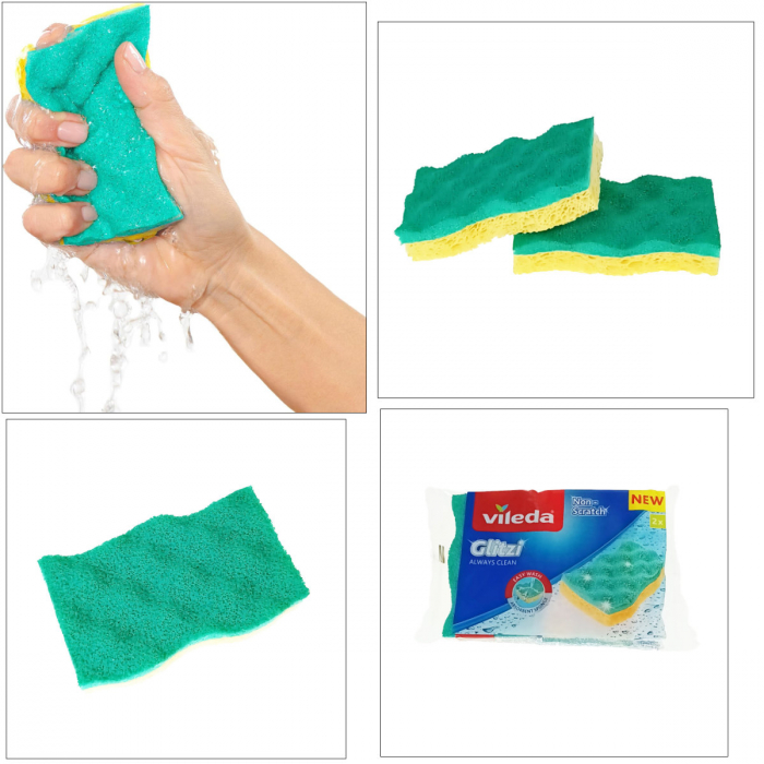 Set 2 bureti Vileda Glitzi Always Clean, cu suprafata abraziva si absorbanta, galben cu verde [3]