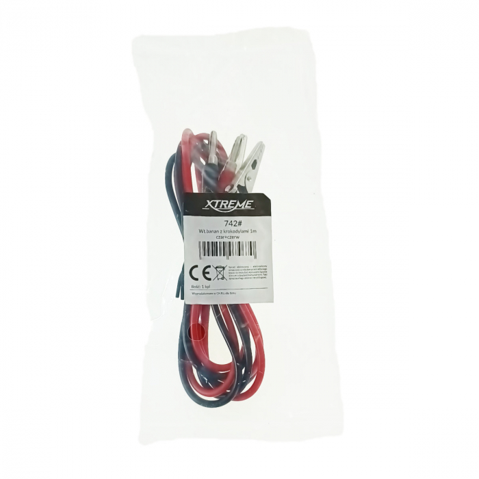 Set 2 cabluri electrice, cu mufe banana si cleme tip crocodil, 15A, Xtreme 07467, 100cm lungime, rosu si negru [4]