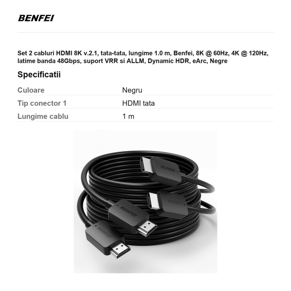 Set 2 cabluri HDMI 8K v.2.1, tata-tata, lungime 1.0 m, Benfei, 8K @ 60Hz, 4K @ 120Hz, latime banda 48Gbps, suport VRR si ALLM, Dynamic HDR, eArc, Negre [3]