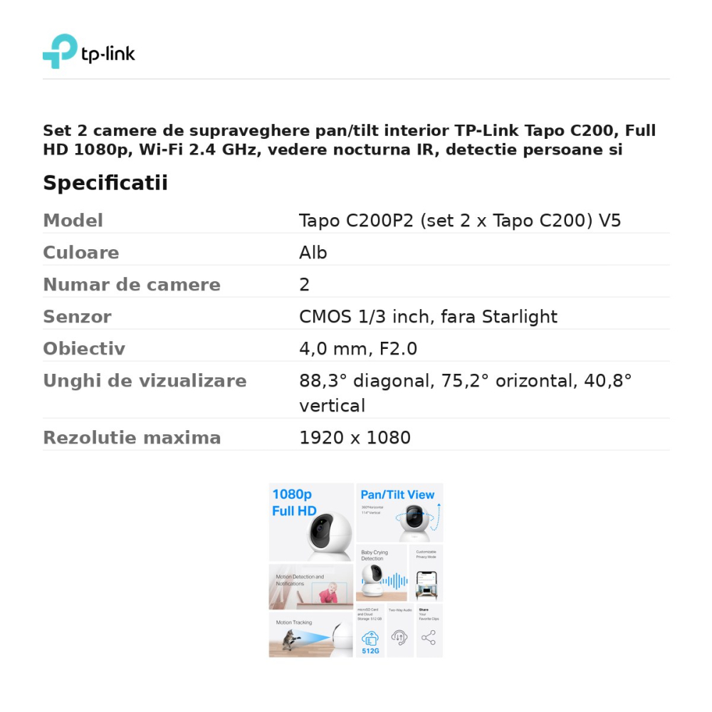 Set 2 camere de supraveghere pan/tilt interior TP-Link Tapo C200, Full HD 1080p, Wi-Fi 2.4 GHz, vedere nocturna IR, detectie persoane si plans de bebelus, alb, C200P2 [3]