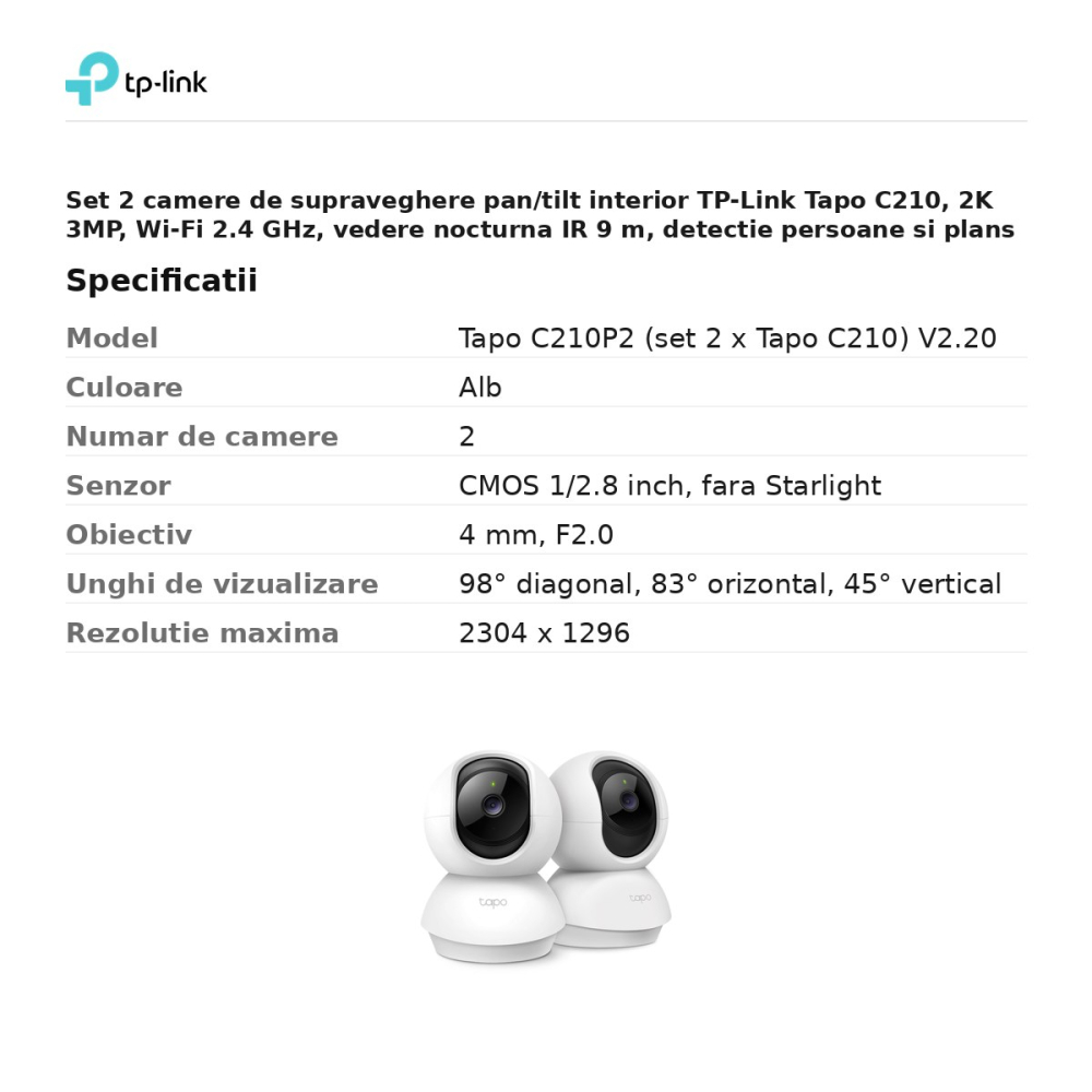 Set 2 camere de supraveghere pan/tilt interior TP-Link Tapo C210, 2K 3MP, Wi-Fi 2.4 GHz, vedere nocturna IR 9 m, detectie persoane si plans de bebelus, alb, C210P2 [3]