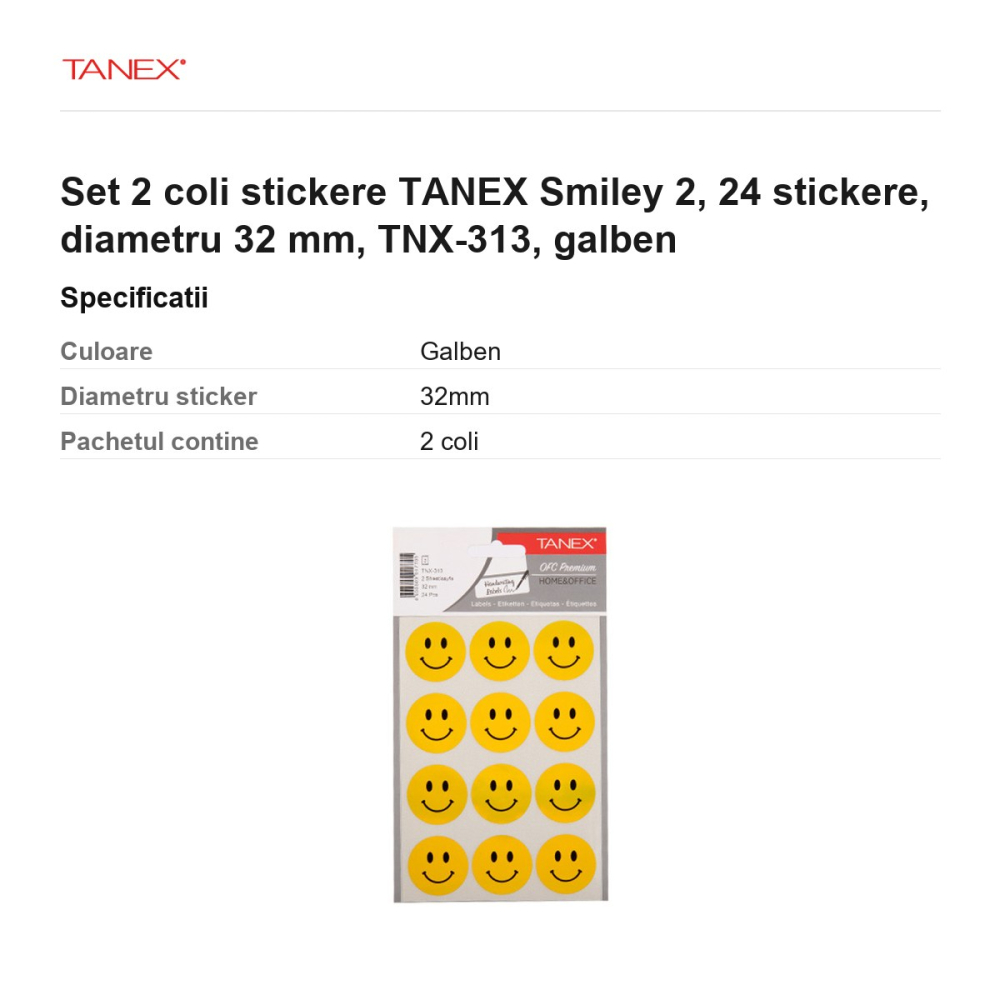 Set 2 coli stickere TANEX Smiley 2, 24 stickere, diametru 32 mm, TNX-313, galben [3]