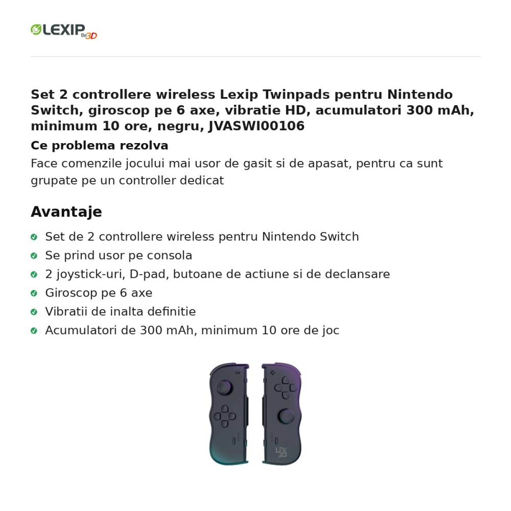 Set 2 controllere wireless Lexip Twinpads pentru Nintendo Switch, giroscop pe 6 axe, vibratie HD, acumulatori 300 mAh, minimum 10 ore, negru, JVASWI00106 [2]