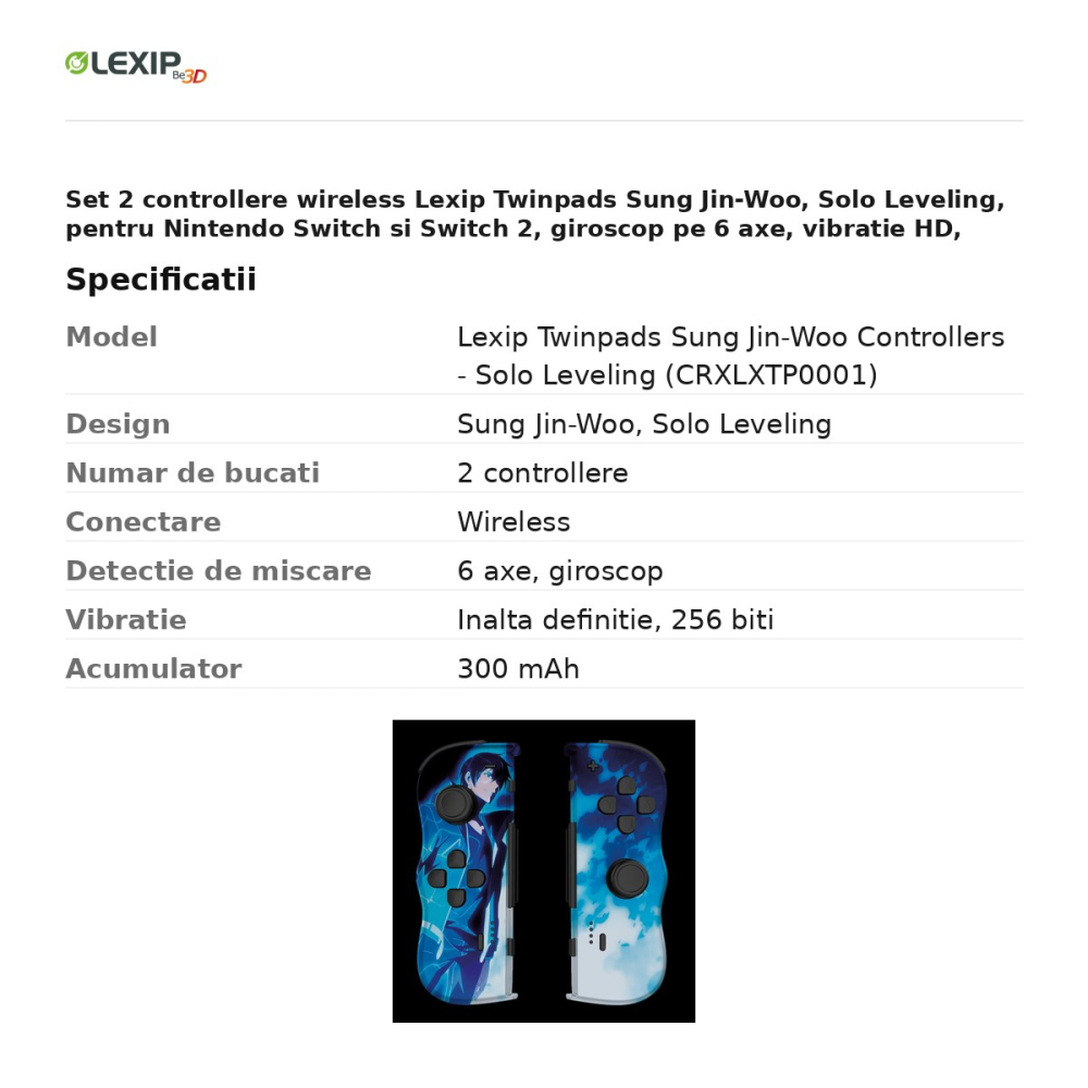 Set 2 controllere wireless Lexip Twinpads Sung Jin-Woo, Solo Leveling, pentru Nintendo Switch si Switch 2, giroscop pe 6 axe, vibratie HD, pana la 10 ore, CRXLXTP0001 [3]