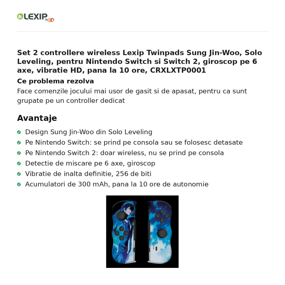 Set 2 controllere wireless Lexip Twinpads Sung Jin-Woo, Solo Leveling, pentru Nintendo Switch si Switch 2, giroscop pe 6 axe, vibratie HD, pana la 10 ore, CRXLXTP0001 [2]