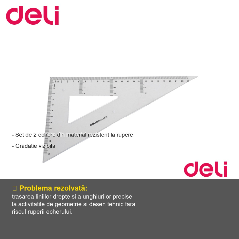Set 2 echere transparente Deli, 23 cm, material rezistent, pentru desen tehnic si scoala [2]