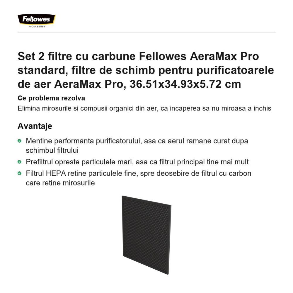 Set 2 filtre cu carbune Fellowes AeraMax Pro standard, filtre de schimb pentru purificatoarele de aer AeraMax Pro, 36.51x34.93x5.72 cm [2]