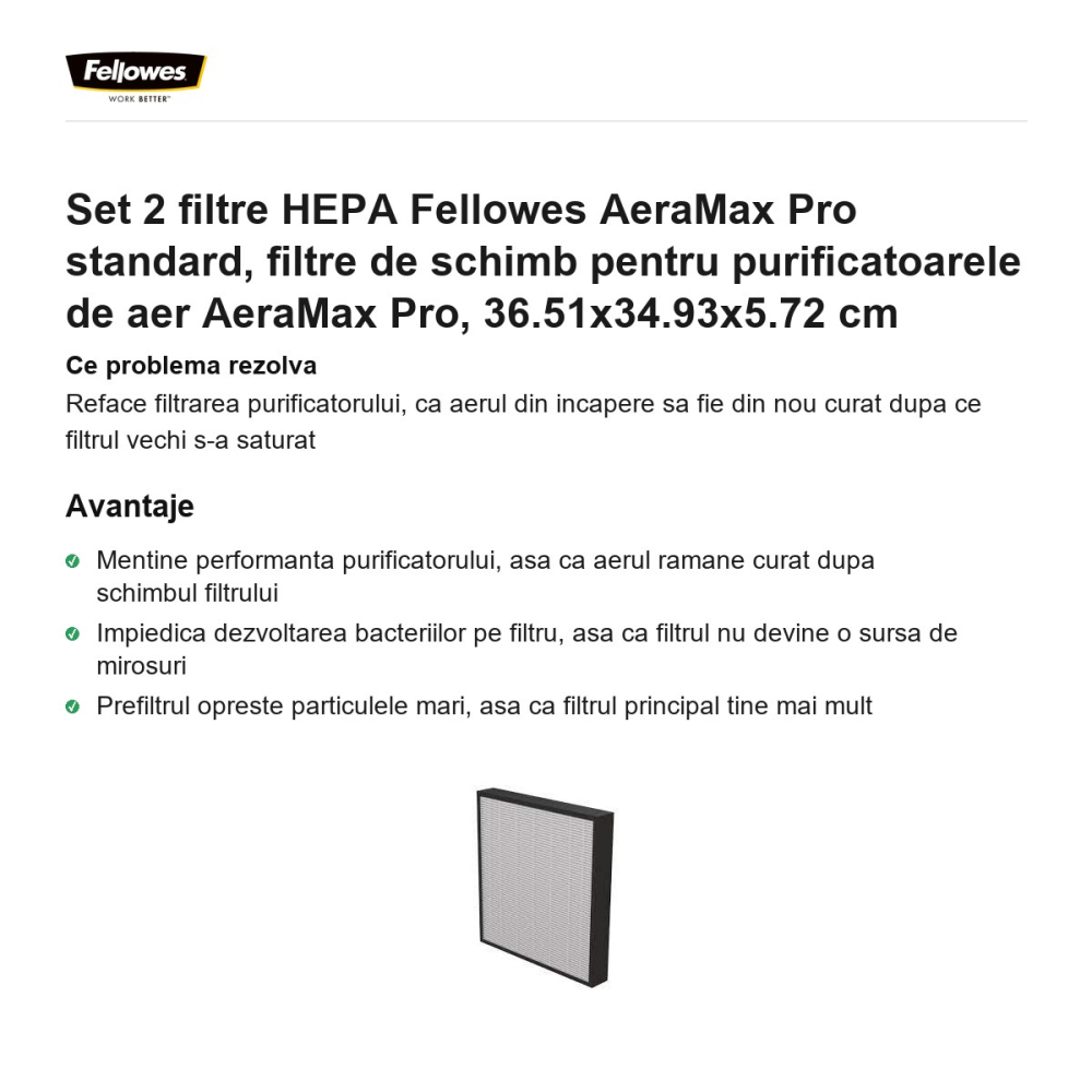 Set 2 filtre HEPA Fellowes AeraMax Pro standard, filtre de schimb pentru purificatoarele de aer AeraMax Pro, 36.51x34.93x5.72 cm [2]