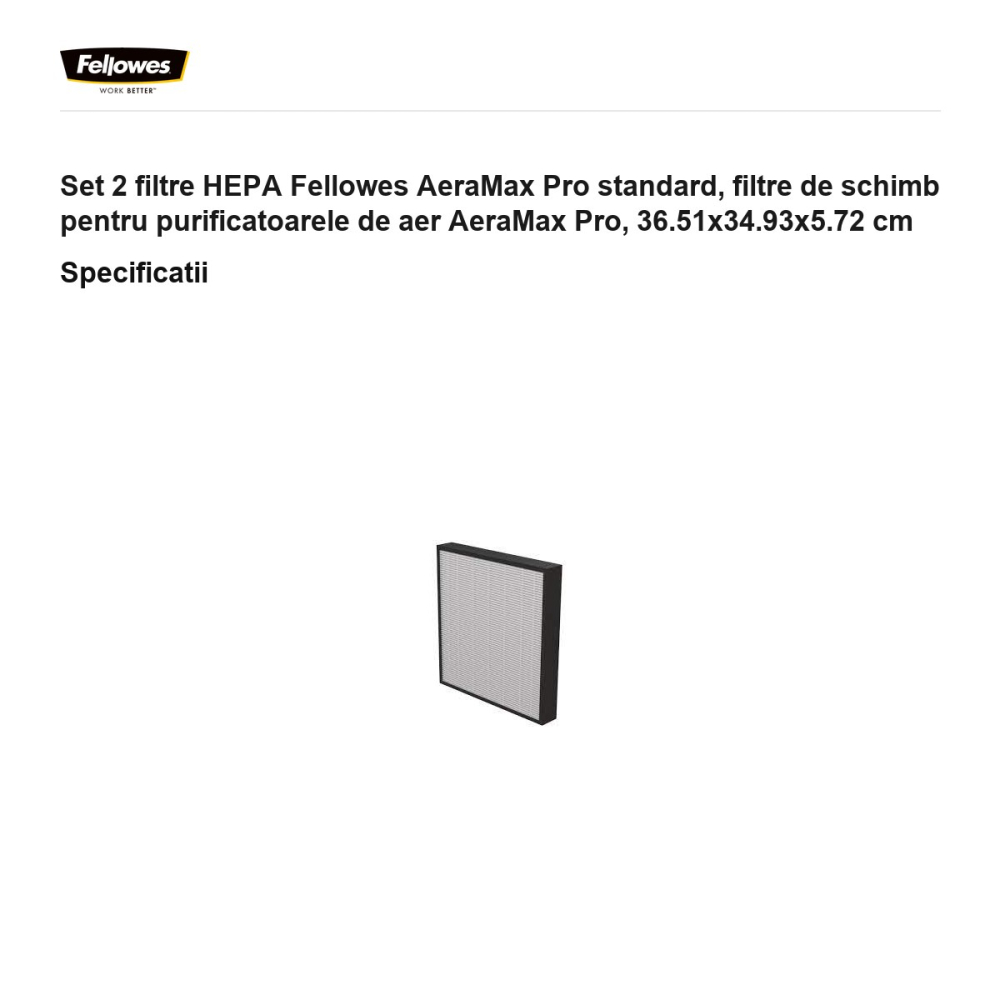 Set 2 filtre HEPA Fellowes AeraMax Pro standard, filtre de schimb pentru purificatoarele de aer AeraMax Pro, 36.51x34.93x5.72 cm [3]