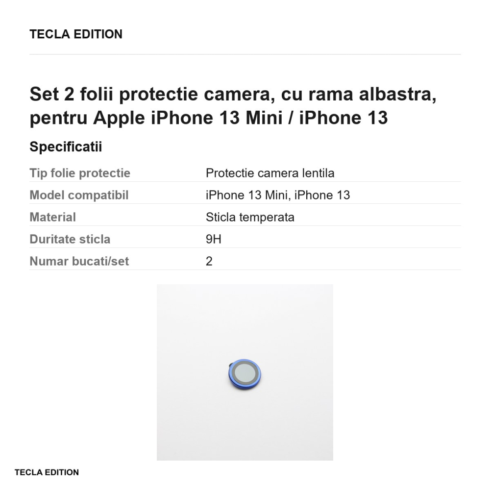 Set 2 folii protectie camera, cu rama albastra, pentru Apple iPhone 13 Mini / iPhone 13 [3]