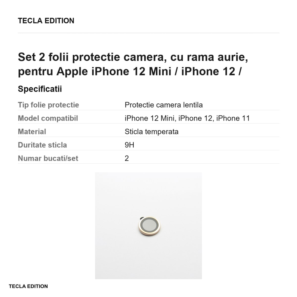 Set 2 folii protectie camera, cu rama aurie, pentru Apple iPhone 12 Mini / iPhone 12 / iPhone 11 [3]