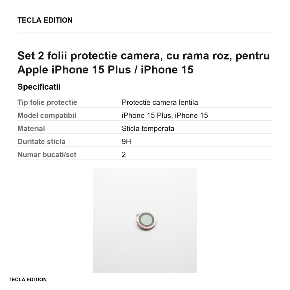 Set 2 folii protectie camera, cu rama roz, pentru Apple iPhone 15 Plus / iPhone 15 [3]