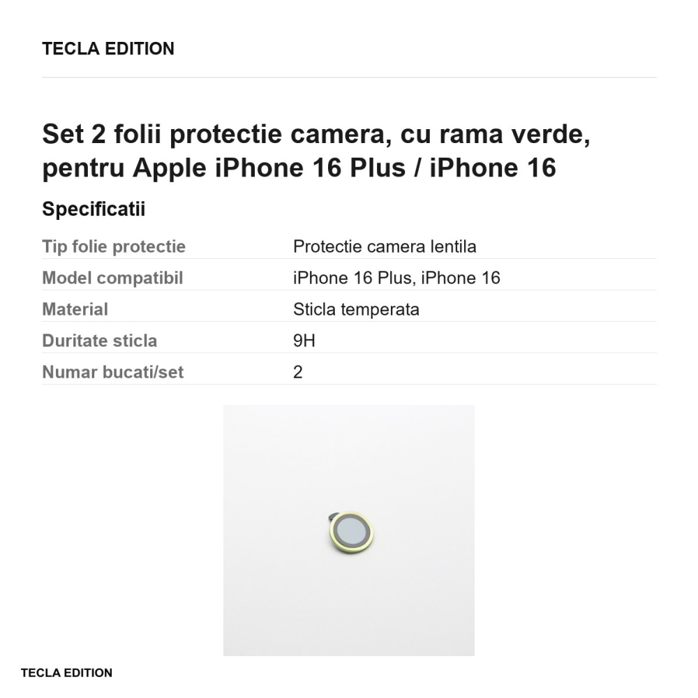 Set 2 folii protectie camera, cu rama verde, pentru Apple iPhone 16 Plus / iPhone 16 [3]