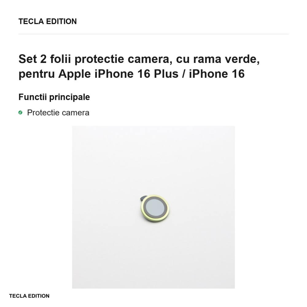 Set 2 folii protectie camera, cu rama verde, pentru Apple iPhone 16 Plus / iPhone 16 [2]