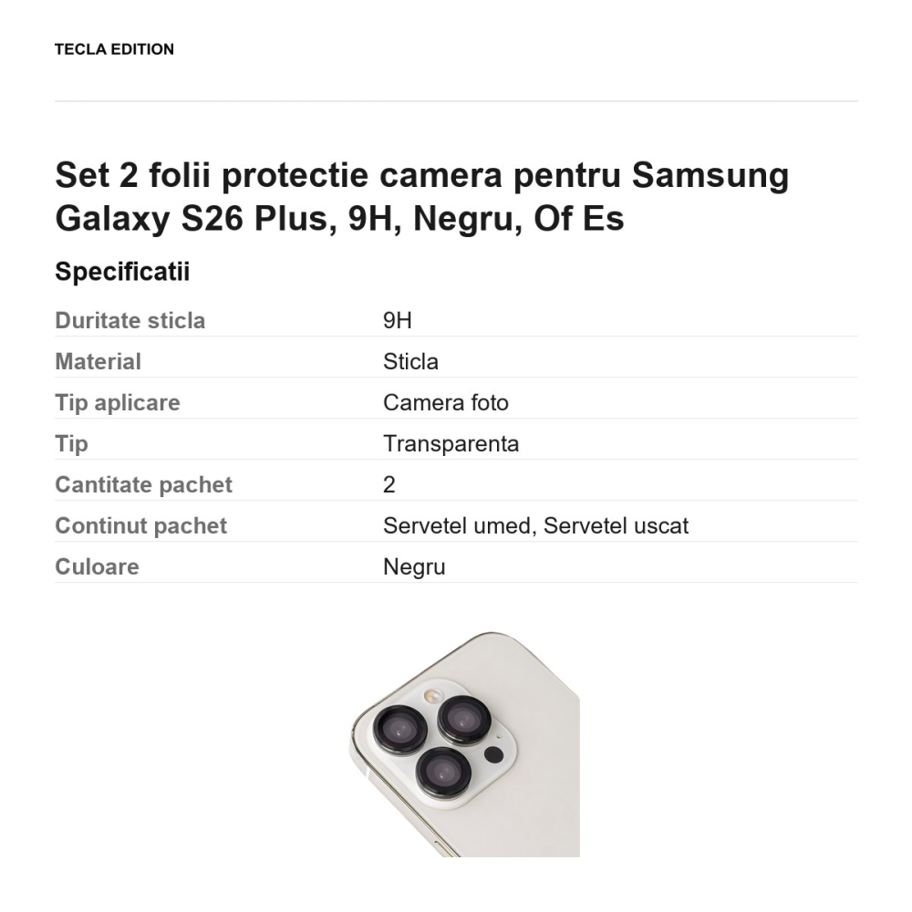 Set 2 folii protectie camera pentru Samsung Galaxy S26 Plus, 9H, Negru, Of Es [3]